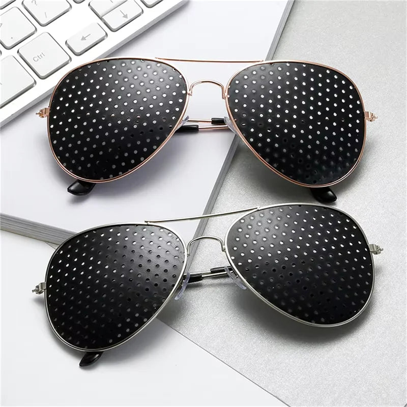 Hopelens anti eyestrain pinhole glasses aviator model in gold and silver.