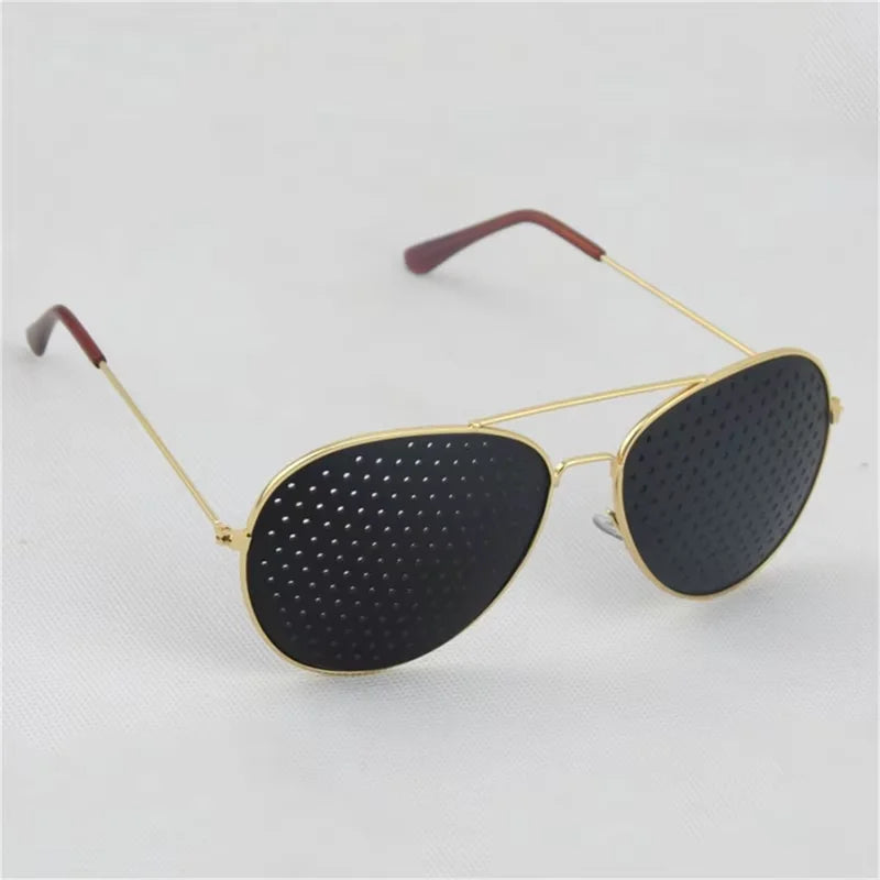 Main view of HopeLens pinhole glasses Aviator model gold version for natural vision improvement.