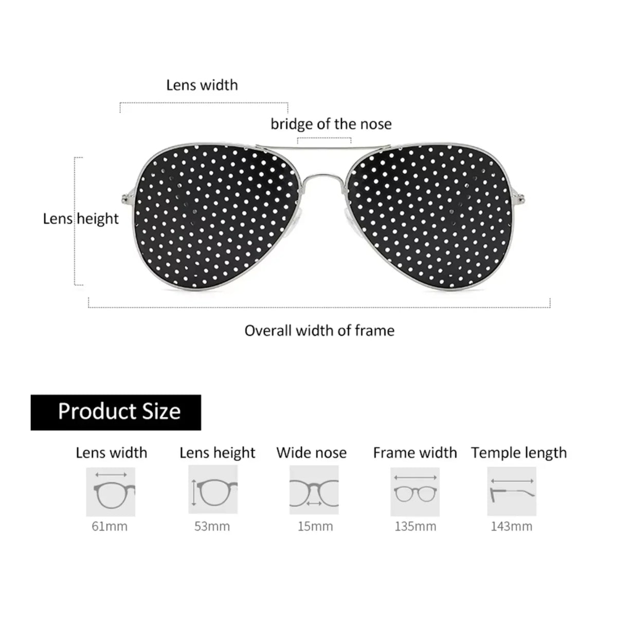 Dimensions of HopeLens pinhole glasses to train eye muscles Aviator model in silver.