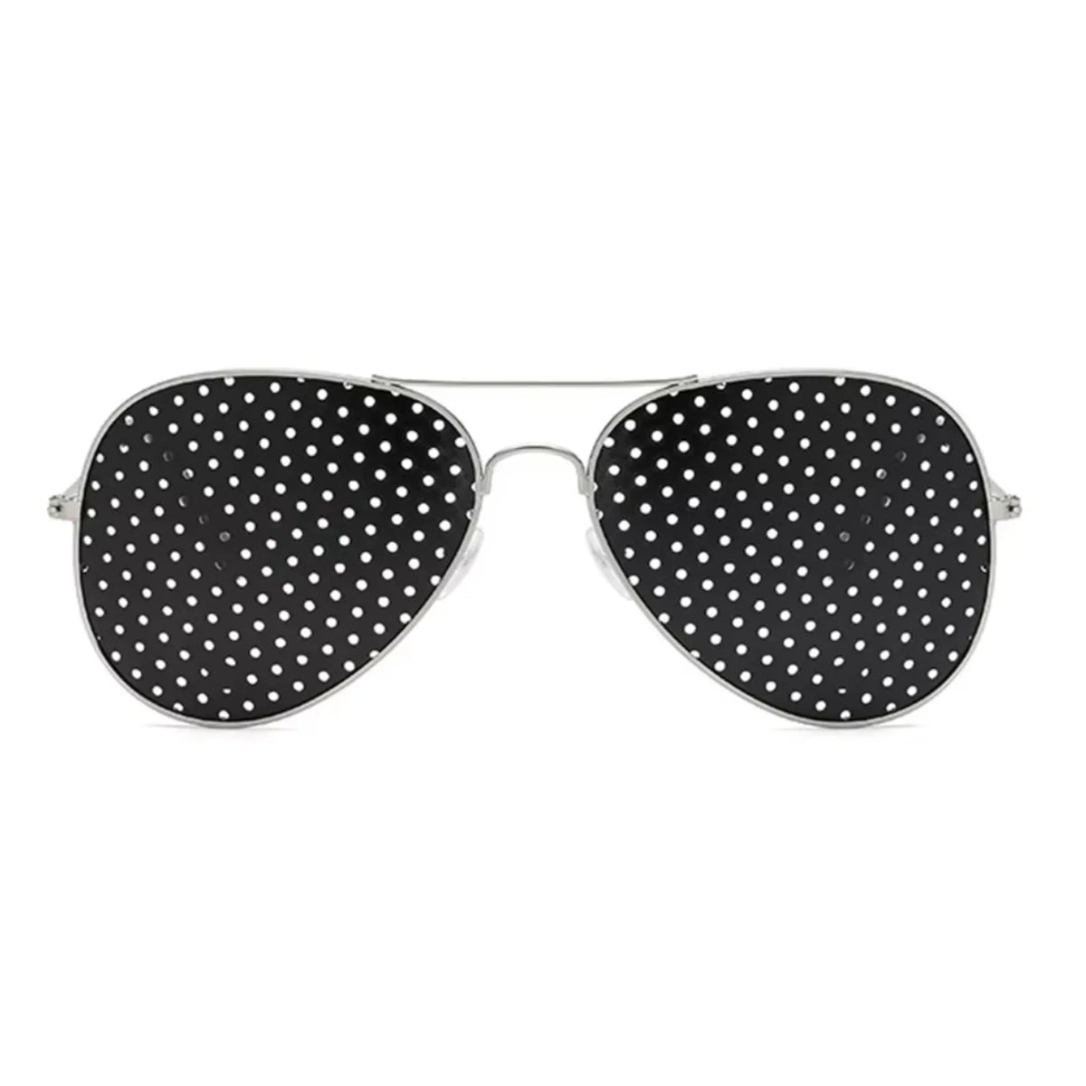 Front view of HopeLens pinhole glasses Aviator model silver version for healthy eyes.