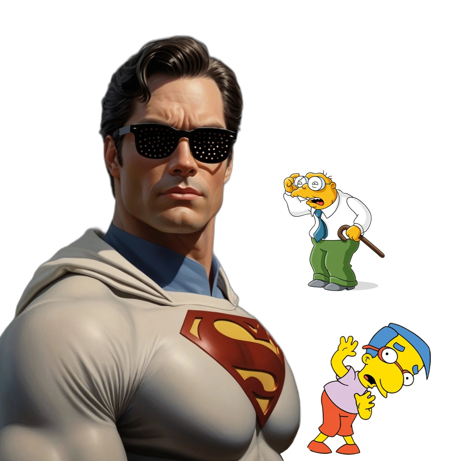 Superman wearing HopeLens pinhole glasses. Mihouse, from the Simpsons is afraid.